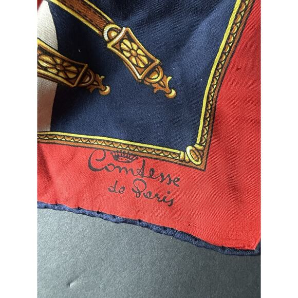 Comtesse De Paris Silk Scarf Vintage Equestrian Red Blue Career Capsule Cocktail - Picture 2 of 8